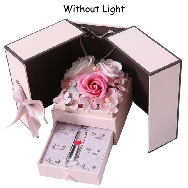 Gift Box LEDRose Flower Lipstick and Necklace
